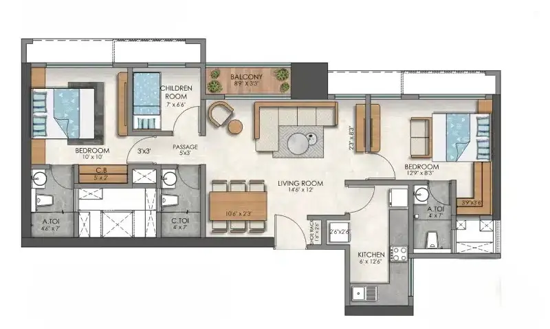 Ashar Pulse 2.5 BHK Duo Smart Floor Plan 749 sqft Majiwada Thane